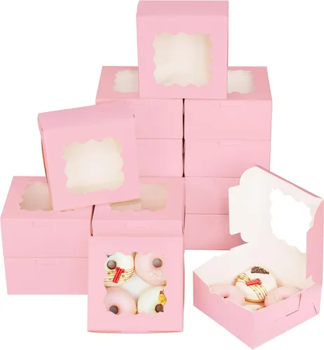 Vista 10 de Bakepacker 60 cajas de papel kraft para panadería con ventana de 6 x 6 x 3 pulgadas de grosor y resistentes cajas de pastelería de macarrones