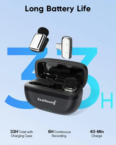 Vista 8 de ZealSound Mini micrófono inalámbrico Lavalier para iPhone, iPad, tabletas Android, PC (USB-C/Lightning), reducción de ruido/duración de la batería