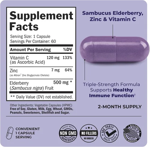 Vista 4 de Cápsulas de saúco con zinc y vitamina C para adultos, vitaminas de apoyo inmunológico para mujeres y hombres, Sambucus negro, vitamina C y zinc