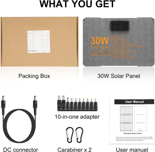 Vista 8 de Kit de panel solar plegable portátil de 30 W 18 V ETFE paneles solares cargador con USB 3.0, salidas tipo C y CC, carga rápida compatible