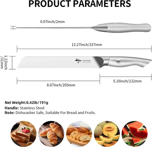 Vista 2 de MAD SHARK Cuchillo de pan de 8 pulgadas, hoja afilada de acero alemán de molibdeno y vanadio, cuchillo de pan dentado profesional para pan casero