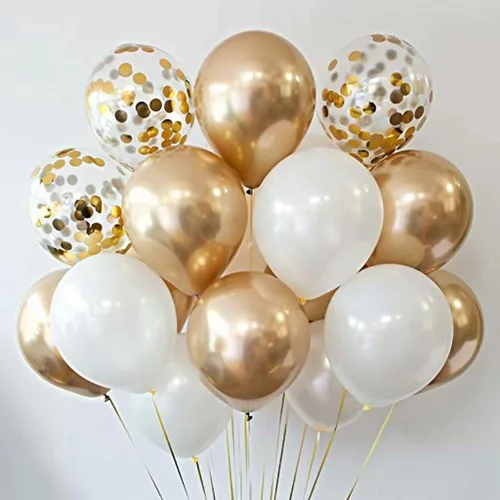 Vista 7 de Juego de 50 globos para fiestas, cromo dorado, perla blanca y confeti dorado, globos de látex natural de 12 pulgadas para decoraciones de fiestas