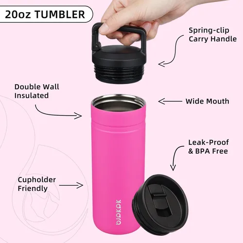 Vista 3 de BJPKPK - Botella de agua aislada con 2 tapas, vaso/taza de viaje de acero inoxidable de 20 onzas con aislamiento al vacío de doble pared, taza