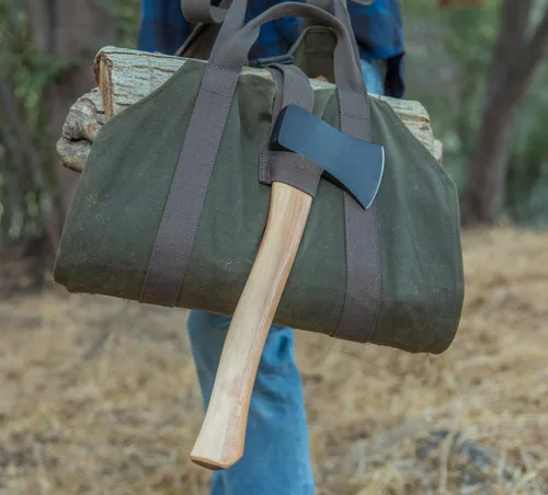 Vista 7 de Bolsa de lona encerada resistente para leña - asas dobles únicas que permiten un agarre seguro y cómodo con varios tamaños de carga. La correa