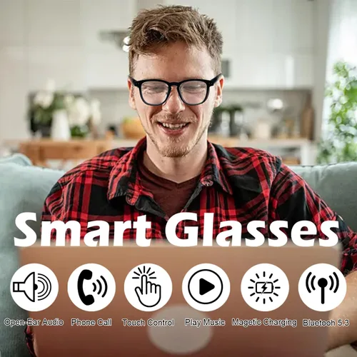 Vista 2 de Lentes inteligentes AI, lentes de traducción Bluetooth anti luz azul con 164 llamadas manos libres y audio, lentes de sol inteligentes