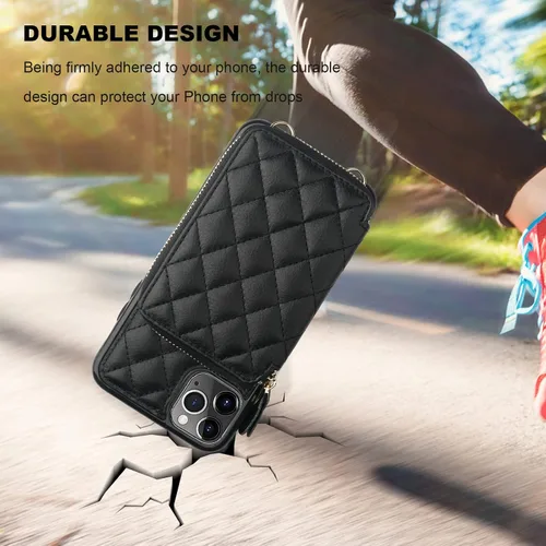 Vista 8 de Bocasal Funda tipo cartera cruzada para iPhone 11 Pro Max, con bloqueo RFID, de piel sintética, con cremallera, funda tipo cartera con función atril
