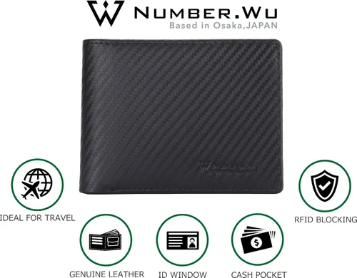 Vista 4 de NUMBER.WU 2 ID ventana carteras para hombres bloqueo RFID hombres de fibra de carbono doble cuero genuino trifold cartera para hombre, Negro, M