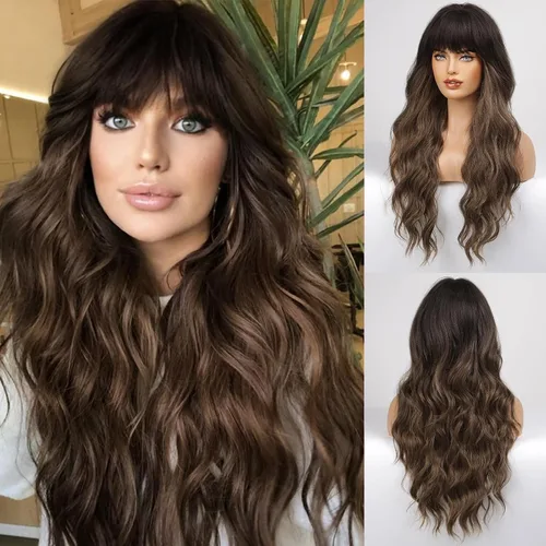 Vista 9 de HAIRCUBE Peluca de color marrón a rubio con flequillo para mujer, peluca de cabello largo ondulado marrón y rubio, pelucas sintéticas rizadas