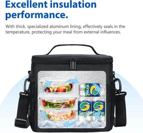 Vista 5 de Gloppie Fiambrera para hombres Bolsa de almuerzo para mujeres, a prueba de fugas almuerzo refrigerador bolsa negro gran almuerzo térmica