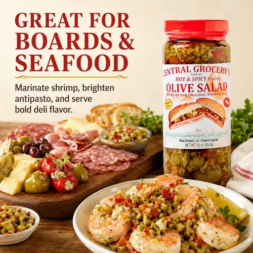 Vista 6 de Central Grocery Ensalada de aceitunas picante y picante de 16 onzas, auténtica ensalada de aceitunas italianas de Nueva Orleans, sándwich picante