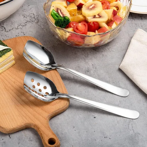 Vista 2 de IMEEA Juego de 2 cucharas de cocina compactas de fondo plano de 8 pulgadas, cuchara de cocina ranurada y sólida de acero inoxidable 18/8, cuchara