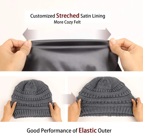 Vista 3 de Winter Knit Beanie for Women Satin Lined Cable Thick Chunky Cap Mens Soft Slouchy Warm Hat