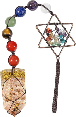 Vista 4 de rockcloud Adorno colgante de 7 piedras de chakras, hecho a mano, hexagrama, árbol de la vida, adorno para colgar con varita de cristal de resina