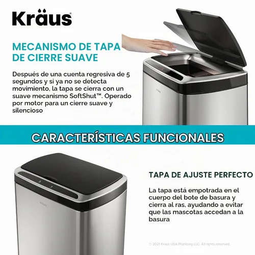 Vista 5 de Kraus GarbagePro Bote de basura rectangular de 13 galones manos libres con sensor de movimiento operado por batería en acabado negro mate con tapa