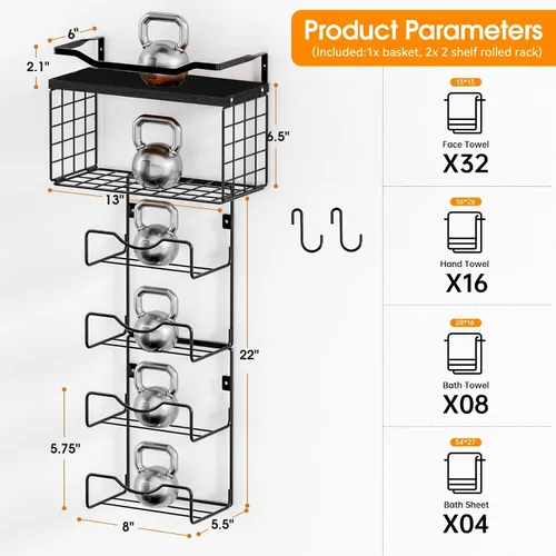 Vista 7 de Toalleros para baño, toallero montado en la pared, soporte para toallas de 6 niveles enrolladas o dobladas con estantes flotantes, portotoallas
