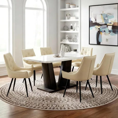 Vista 12 de Juego de mesa de comedor para 6, juego de mesa de comedor de mármol para 6, juego de 6 sillas de mesa de cocina con base de madera, juego de mesa