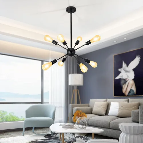 Vista 4 de SineRise Candelabros Sputnik Negros, 8 Luces Modernas Accesorio de Iluminación Sputnik con Altura Ajustable para Comedor, Sala de Estar, Cocina