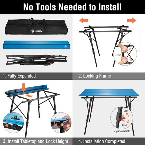 Vista 8 de Mesa de camping portátil VILLEY con patas ajustables, mesa de playa ligera de aluminio plegable con bolsa de transporte para cocinar al aire libre