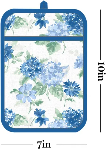 Vista 12 de Martha Stewart Juego de 2 manoplas de horno y agarraderas florales ámbar, azul/verde, OM: 7"x13" y PH: 7"x10