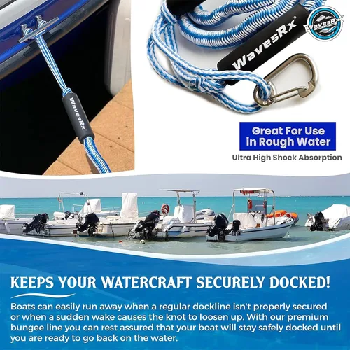 Vista 4 de WAVESRX DockingPal - Línea de muelle elástico prémium para barcos y PWC Cuerda de amarre elástica que se estira para absorber golpes y evitar