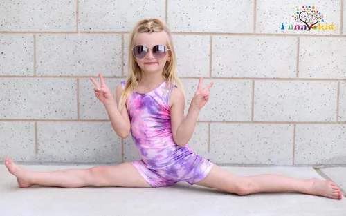 Vista 5 de Funnycokid Leotardos de gimnasia para niñas con pantalones cortos, unitardos de baile brillantes de sirena, pantalones de ciclismo activos de 2 a 10