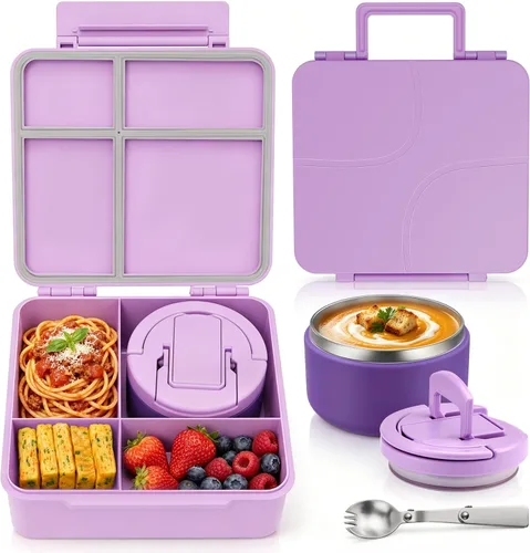 Vista 8 de MAXSO Set de Lonchera Bento para Niños con Termo de Sopa de 8 oz, Envase para Comida Caliente a Prueba de Fugas con 4 Compartimentos, Tarro