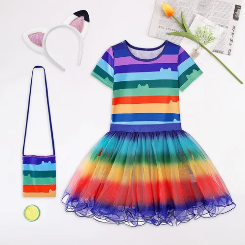 Vista 7 de Vestido tutú arcoíris para niñas, conjunto de disfraz de niña de cumpleaños con diadema y bolsa, fiesta de cumpleaños de Navidad