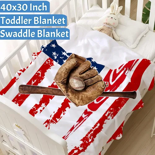 Vista 2 de Manta suave y acogedora con bandera de Estados Unidos de béisbol para niños, niñas, bebés, recién nacidos, manta de recepción de Navidad, 40 x 30