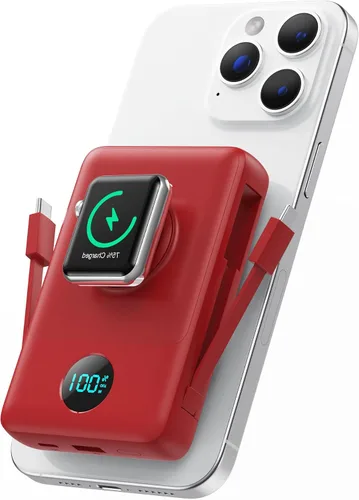 Vista 12 de Cargador portátil magnético para MagSafe con cable integrado, cargador para iWatch, banco de energía inalámbrico de 10800mAh, artículos esenciales