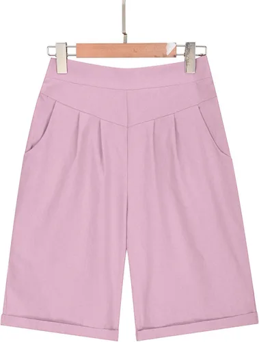 Vista 2 de Bermudas de algodón y lino para mujer, estilo casual, de verano, con cordón elástico en la cintura, pantalones cortos de golf