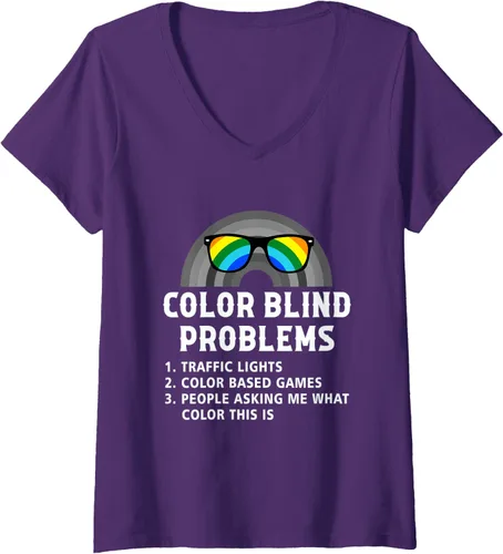 Vista 5 de Womens Color Blind Problems Blindness Test Eye Glasses Rainbow V-Neck T-Shirt
