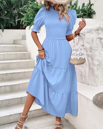 Vista 13 de BTFBM Vestidos para mujer, cuello redondo, casual, de verano, con volantes, manga corta, bohemio, con niveles, fruncido, largo, con estampado floral