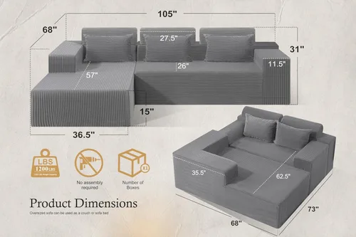 Vista 2 de Sofás seccionales para sala de estar, sofá modular en forma de L de 105 pulgadas sin montaje, sofá modular con asiento profundo, juegos de muebles