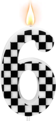 Vista 14 de Velas temáticas de autos de carreras para cumpleaños, velas numeradas número 0 a cuadros, decoración de pastel a cuadros en blanco y negro, adorno