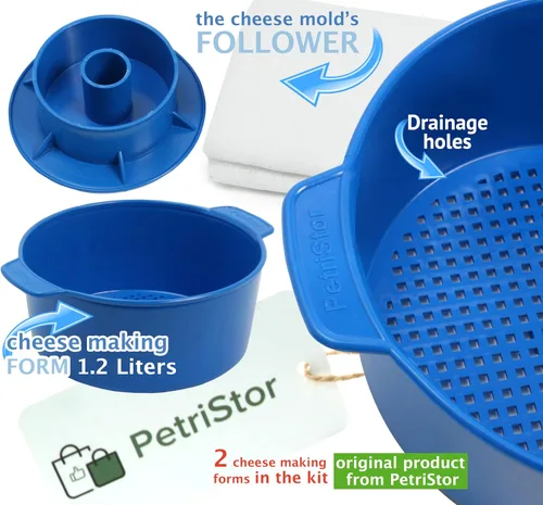 Vista 4 de PetriStor Kit de fabricación de quesos – 2 piezas de molde de queso con un pistón seguidor azul y gasa de algodón – Cesta para hacer queso – Paneer