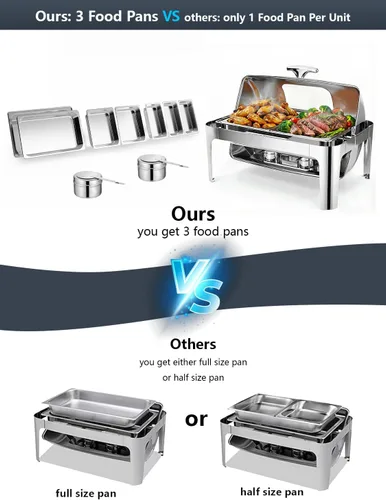 Vista 5 de Platos de roce con parte superior enrollable de 13QT para buffet: Calentador de alimentos para catering para fiestas, cumpleaños, bodas, Navidad, 1