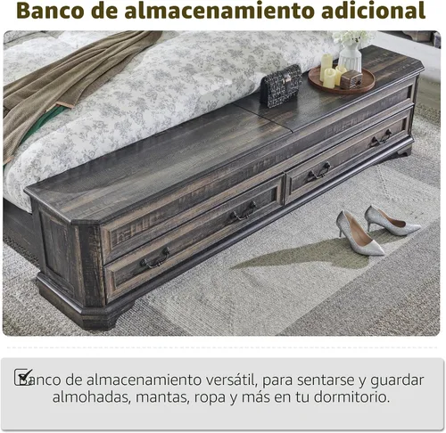 Vista 5 de T4TREAM Cama Queen de granja con cabecera y banco de almacenamiento, cama de plataforma de madera rústica con baúl de almacenamiento de 64 pulgadas