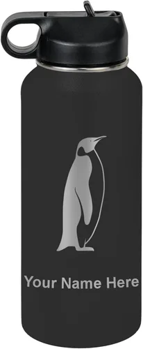 Vista 75 de LaserGram Botella de agua personalizada, pingüino, acero inoxidable de doble pared aislada al vacío con popote superior, regalo grabado