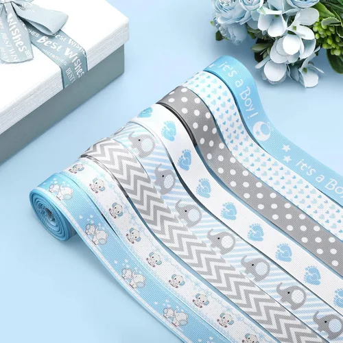 Vista 5 de 8 rollos de cinta de grogrén de elefante para bebé, 7/8 pulgadas, Baby Shower It's a Boy/Girl Foot Print Ribbon para envolver regalos, ducha, Azul