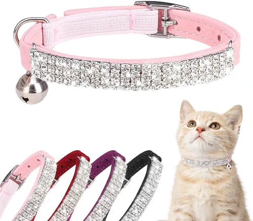 Vista 14 de BINGPET collar ajustable para gatos, de terciopelo suave, seguro, collares Bling diamante con cascabel, Adjustable, Negro Negro