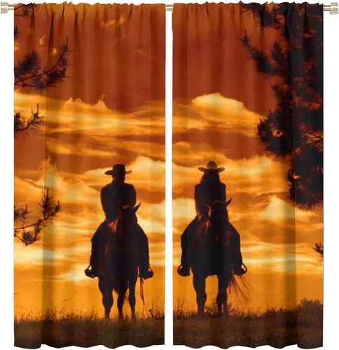 Vista 25 de Cortinas opacas de vaquero americano para sala de estar, atardecer occidental, rústico, vaquero, equitación, cortinas de ventana, aislamiento