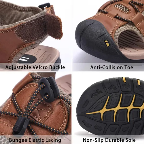 Vista 2 de Harssidanzar Sandalias de senderismo de cuero para hombre, zapatos acuáticos de verano, puntera cerrada, sandalias deportivas ligeras para caminar