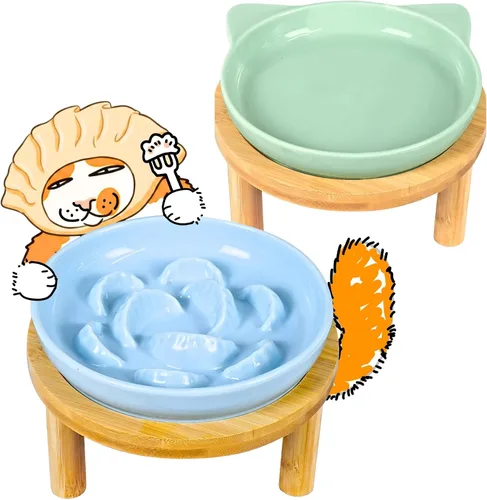 Vista 19 de Cuencos elevados de cerámica para gatos con soporte de bambú, platos elevados de comida para mascotas para gatos y perros pequeños, comedero