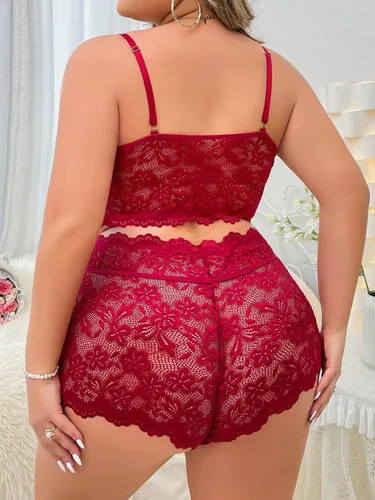 Vista 2 de WDIRARA Conjunto de lencería con aros y encaje floral de talla grande para mujer
