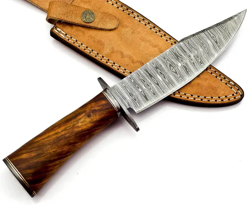 Vista 2 de Nooraki BK-348 Cuchillo Bowie hecho a mano de acero de Damasco con funda de cuero, cuchillo multiusos, mango de palisandro con protector de damasco