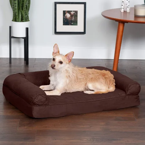 Vista 3 de FurHaven - Cama de espuma ortopédica suave para perros, estilo sofá, con funda extraíble y lavable, acolchada, color café, para perros de hasta 35