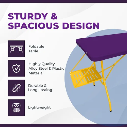 Vista 3 de Mesa y sillas plegables creativas para exteriores, 6 pies, ruedas integradas, plástico duradero portátil (morado y amarillo)