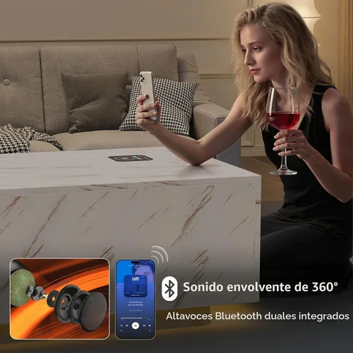 Vista 3 de Mesa de centro LED, mesas de centro elevables de 47.2 pulgadas con cajones y gran almacenamiento, mesa inteligente para sala de estar con carga