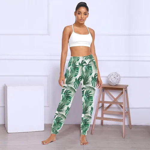 Vista 6 de Flamingos - Pantalones de flores tropicales para mujer, pantalones deportivos de cintura alta, pantalones de harén para mujer, cómodos pantalones