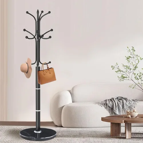 Vista 5 de Perchero de Metal Moderno, Perchero Independiente con Base de Mármol Natural, Perchero Resistente de Servicio Pesado con 12 Ganchos, Perchero Negro